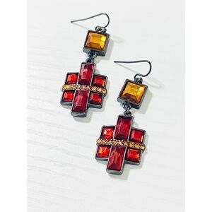 Red & Amber Geometric Dangle Earrings - Gunmetal Tone